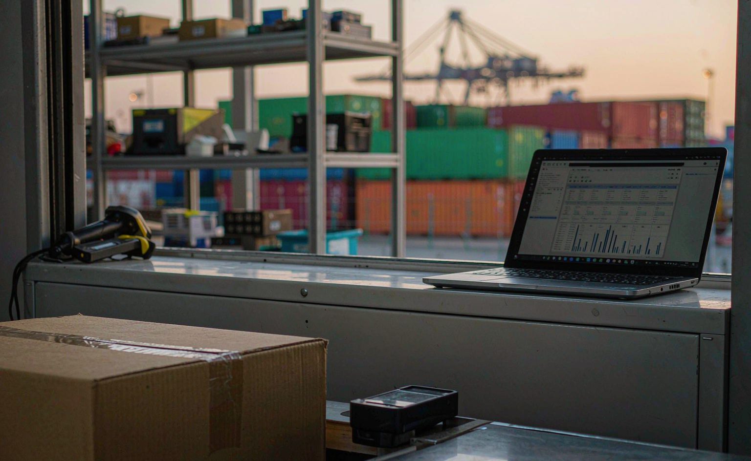 A dispatch desk with stacked cartons, a barcode scanner and a laptop, a Gulf trade port visible through the window.