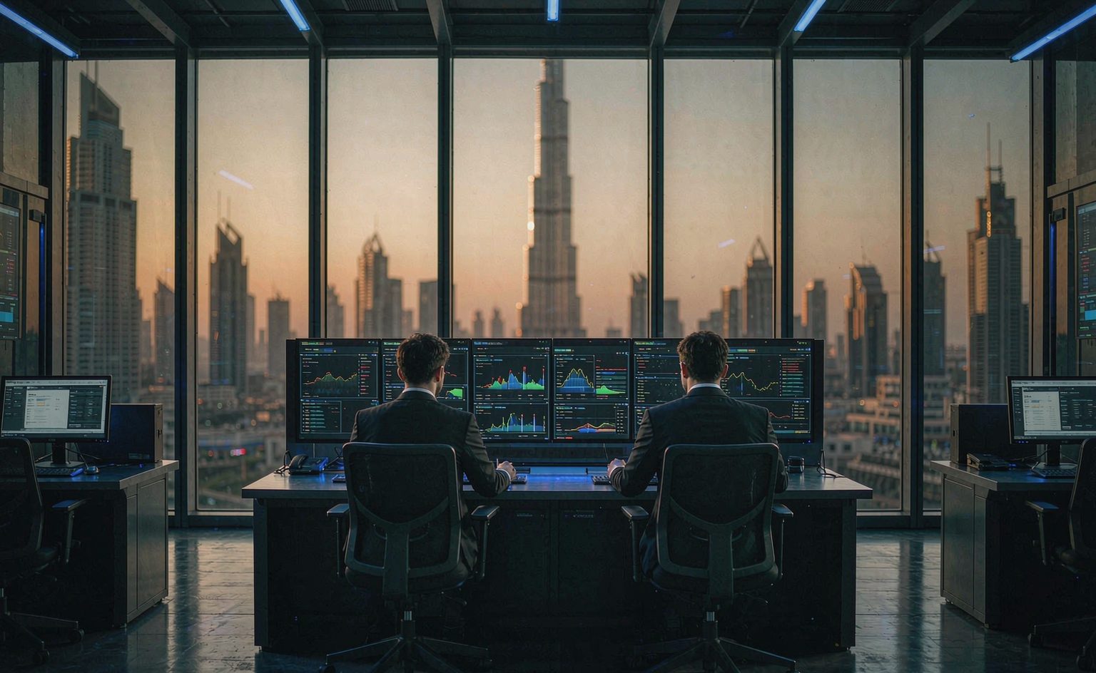Two operations staff reviewing workflow dashboards in a Dubai control room, the skyline visible through the window behind them.