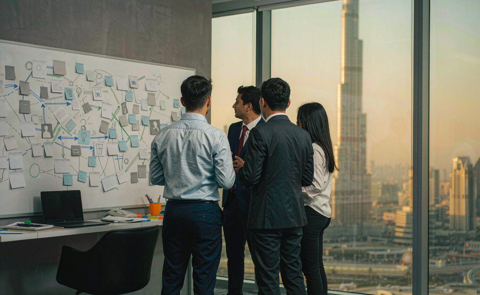 Three colleagues at a whiteboard covered with flow diagrams, seen from behind, the Dubai skyline visible through the window.